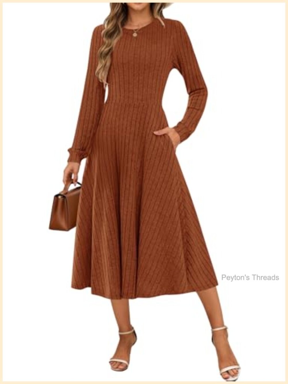 Ribbed Knit Midi Sweater Dress Long Sleeve Crewneck Pockets